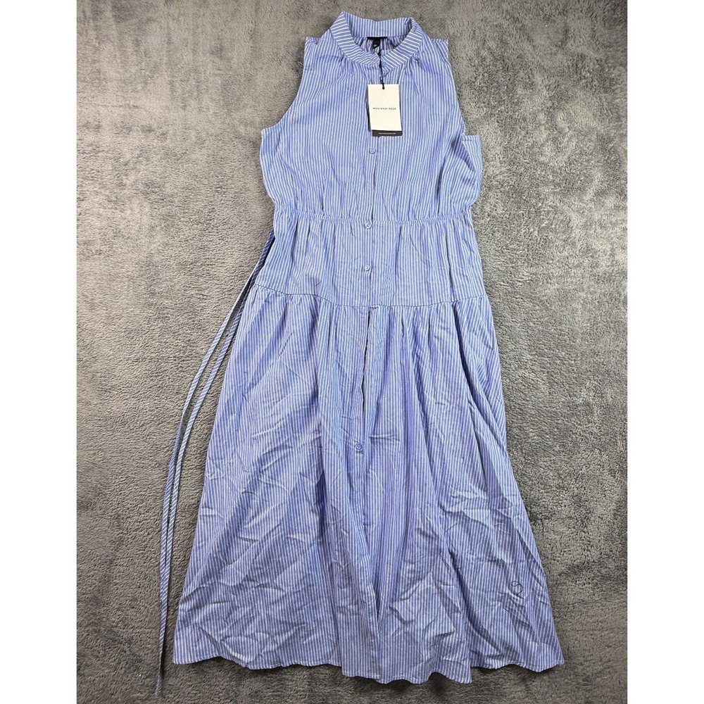 Who What Wear M Womens Blue White Stripe Sleeveless Maxi Shirt Dress NWT